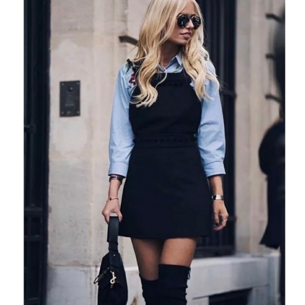 Zara Black Pom Pom Tassel Pinafore Square Neck Mini Apron Dress Small